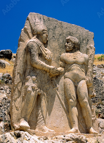 The relief of the handshaking of King Antiochus with Apollo in nemrut