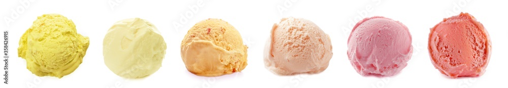 Set with scoops of different ice creams on white background. Banner design Set with scoops of different ice creams on white background. Banner design
