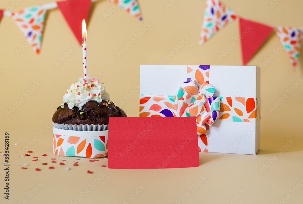 party decoration background with cake and candle and gift
