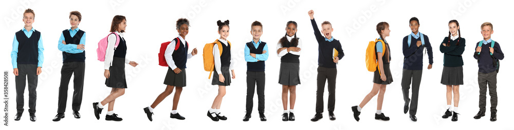 Children in school uniforms on white background. Banner design