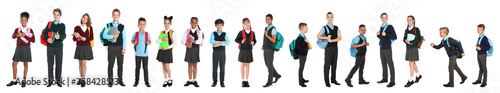 Fotografia Children in school uniforms on white background. Banner design