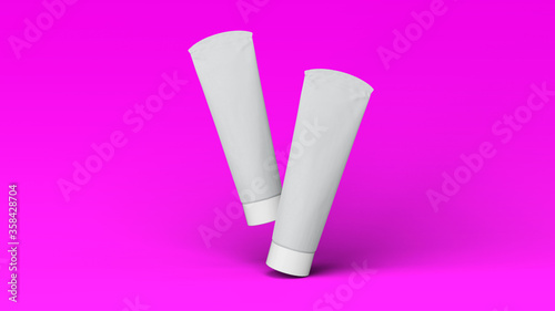 Double dynamic toothpaste mockup on pink background. 3D Rendering.