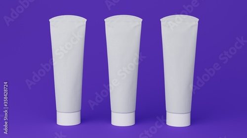 Triple toothpaste mockup on purple background. 3D Rendering. photo