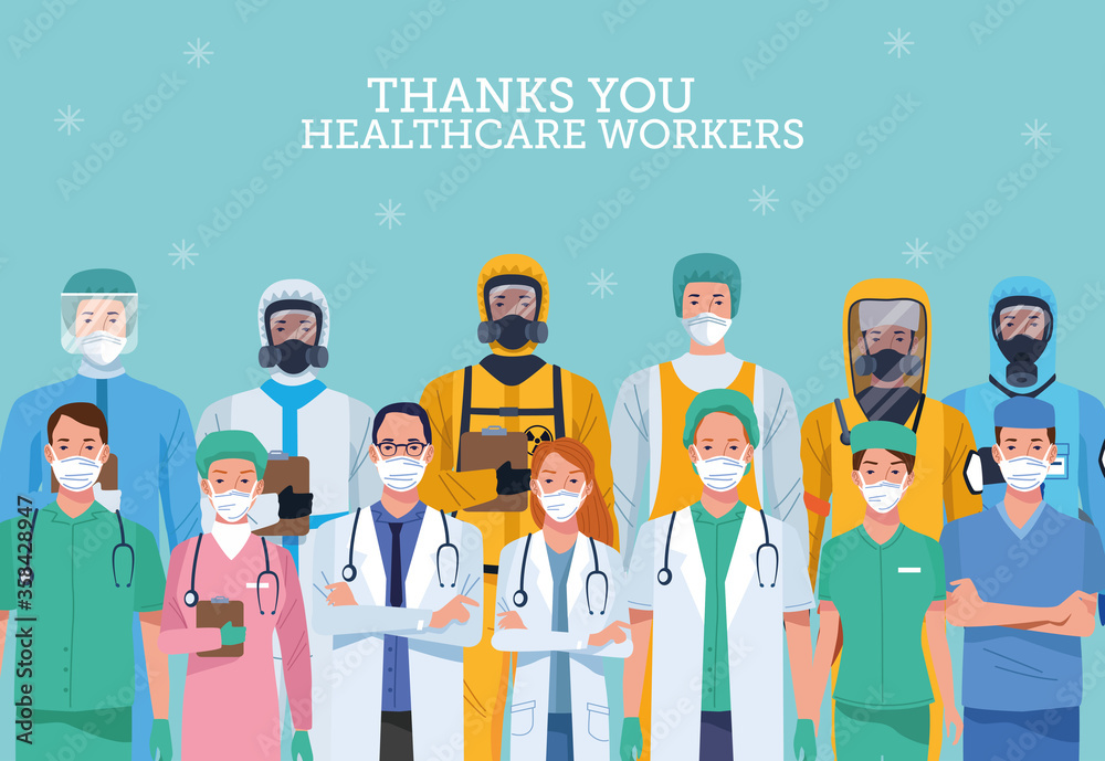 group of healthcare workers characters with thank you message