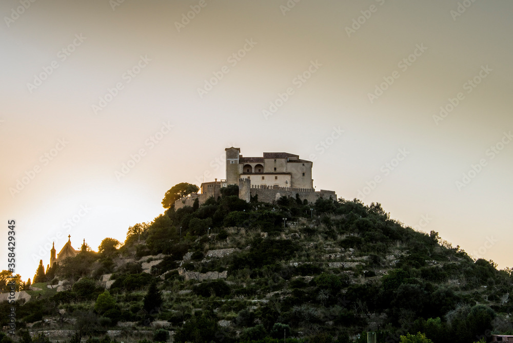 Church, village and mountain landscape in Arta, Majorca