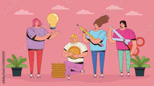 group of people with financial set icons