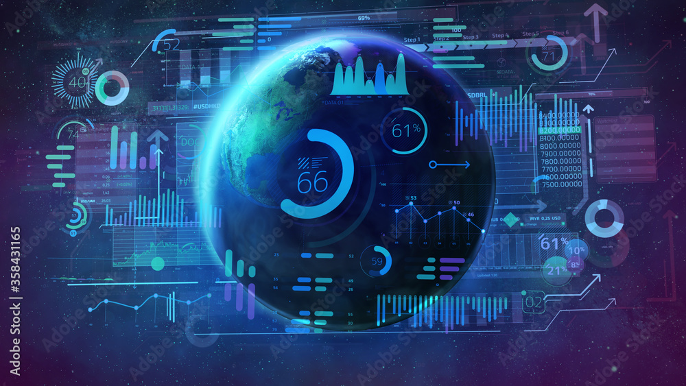 A planet surrounded by statistical infographic data. A planet surrounded by statistical infographic data.