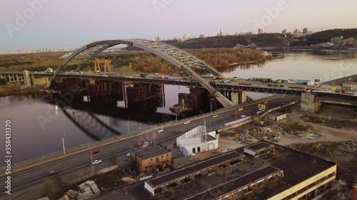 Modern big bridge under construction, situated in Kyiv, Ukraine. Aerial view