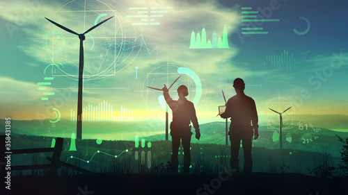 Engineers are watching over the work of wind turbines and virtual data.