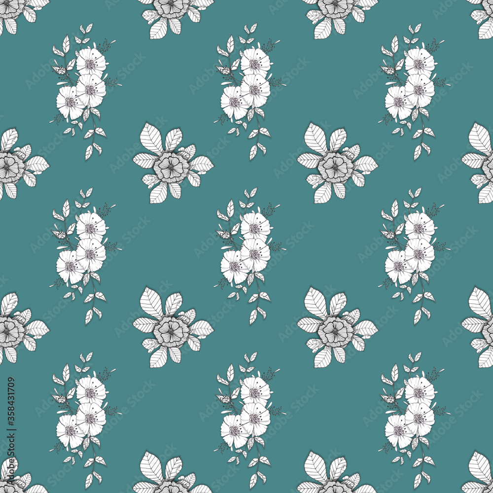 floral seamless pattern with sakura, leaves, flowers on blue background