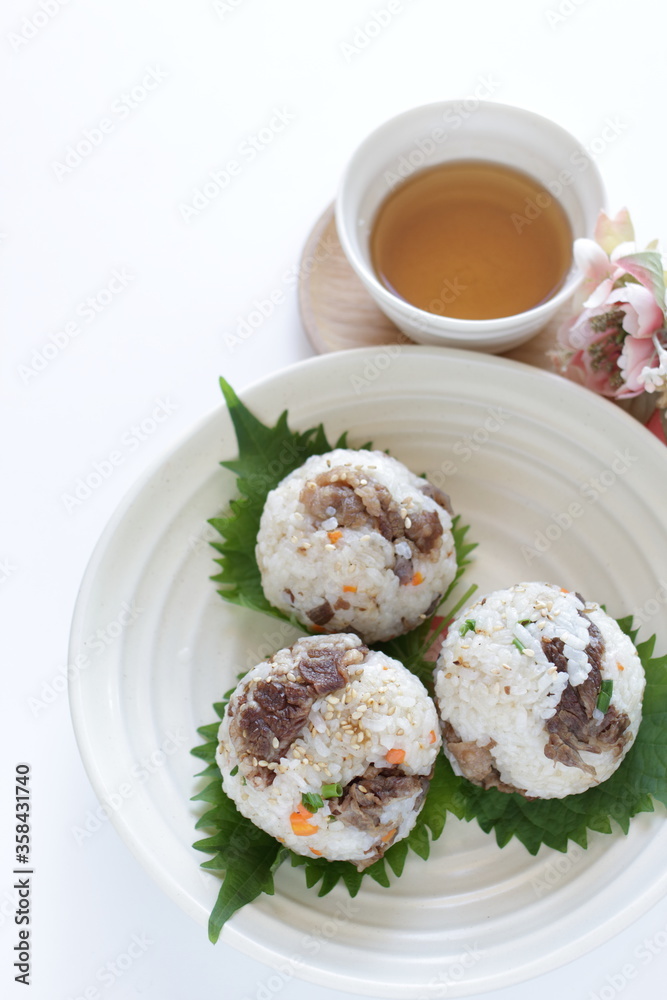 Japanese food, homemade beef and shiso rice ball for comfort food Japanese food, homemade beef and shiso rice ball for comfort food