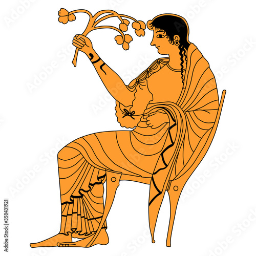 Sitting ancient Greek woman or goddess holding flower branch. Demeter or Persephone. Vase painting style. photo