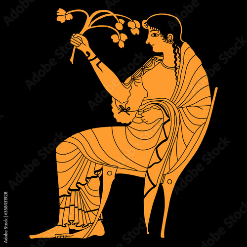 Sitting ancient Greek woman or goddess holding flower branch. Demeter or Persephone. Vase painting style.