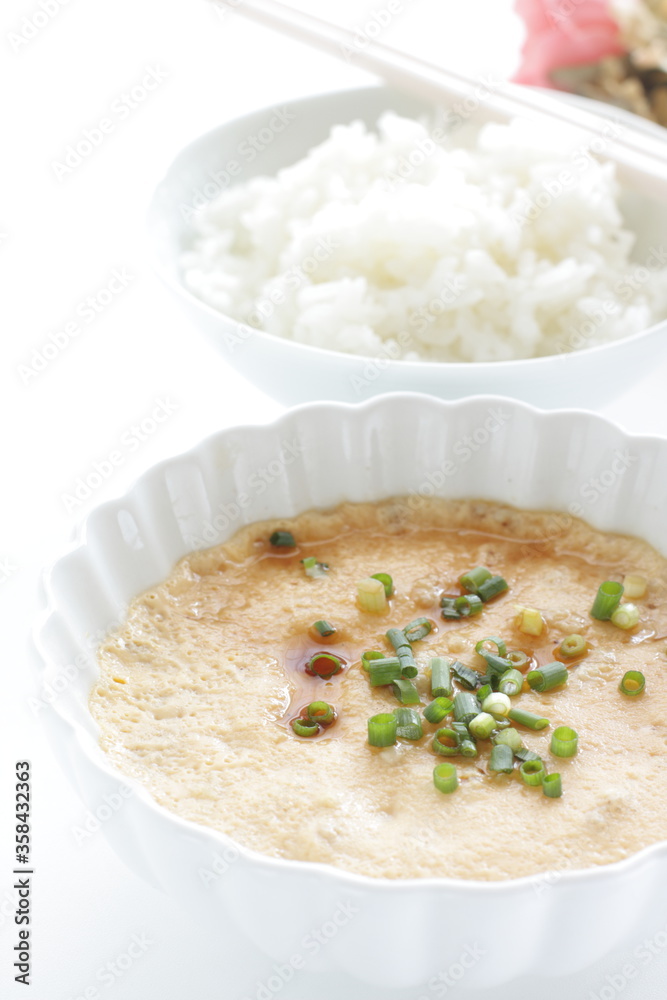 Chinese food, steamed mince egg and rice with soy sauce Chinese food, steamed mince egg and rice with soy sauce