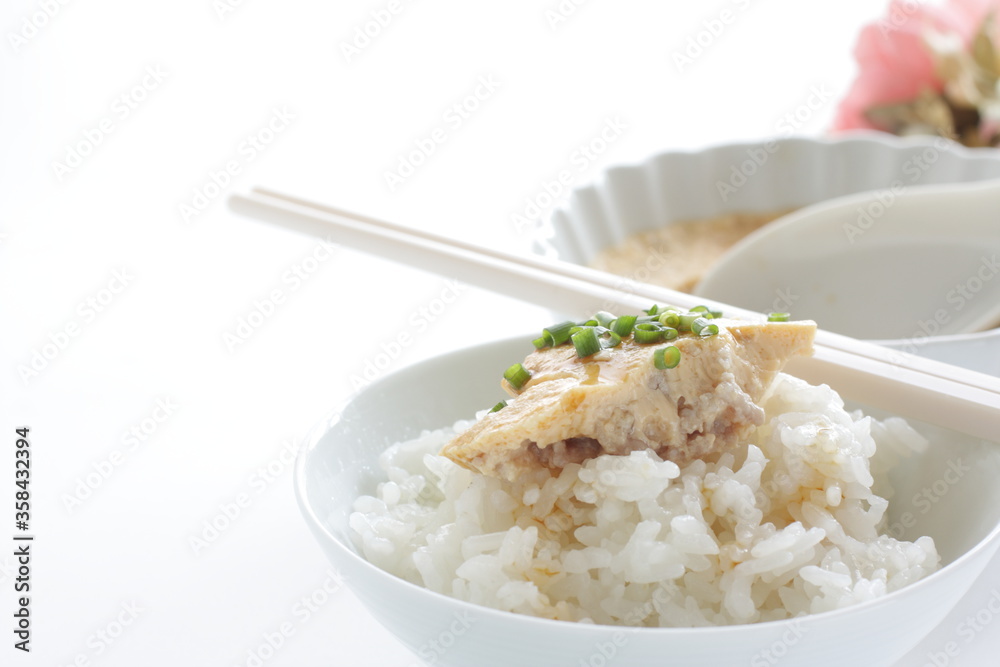 Chinese food, steamed mince egg and rice with soy sauce Chinese food, steamed mince egg and rice with soy sauce