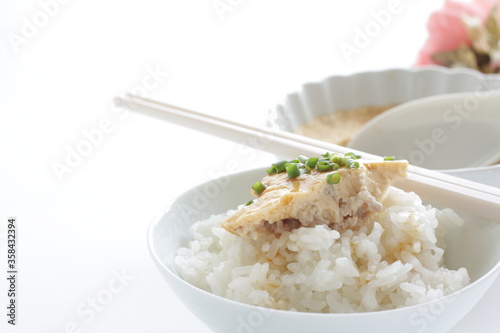 Chinese food, steamed mince egg and rice with soy sauce 