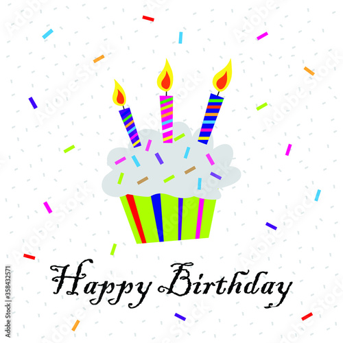 colorful happy birthday text with big cup cake and confetti background