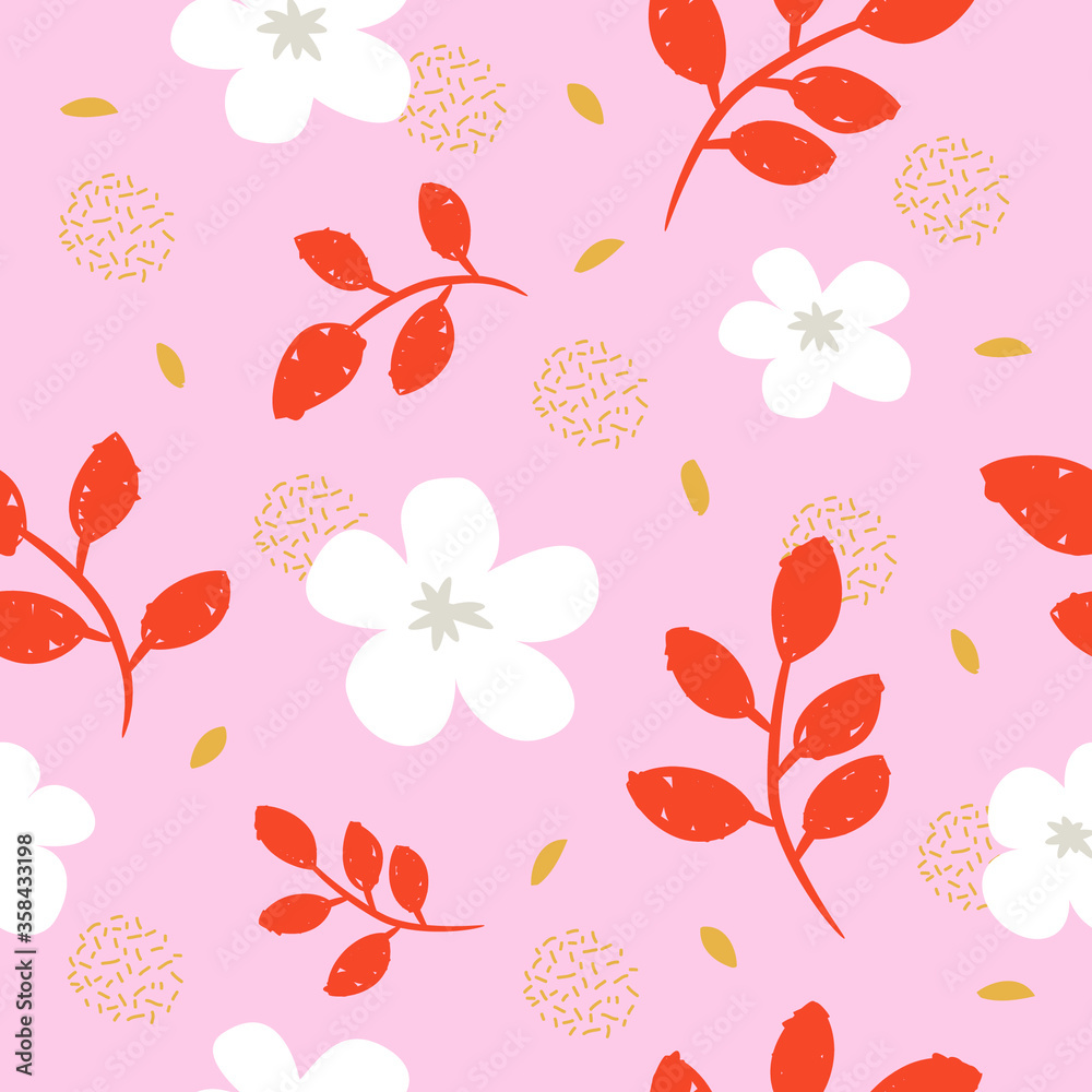 seamless pattern beautiful flower and orange leaf with circle confetti background seamless pattern beautiful flower and orange leaf with circle confetti background