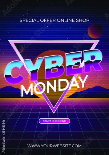 Cyber Monday, online shopping and marketing concept. Vector illustration. Planets on a Neon Background