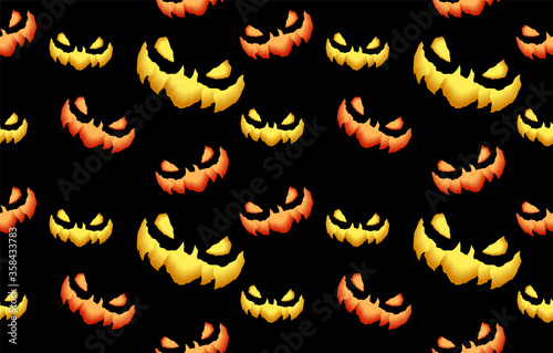 Big Seamless pattern with spooky and crazy pumpkins, monsters faces in the dark for Halloween design. 3D Realistic vector illustration. © Leonid