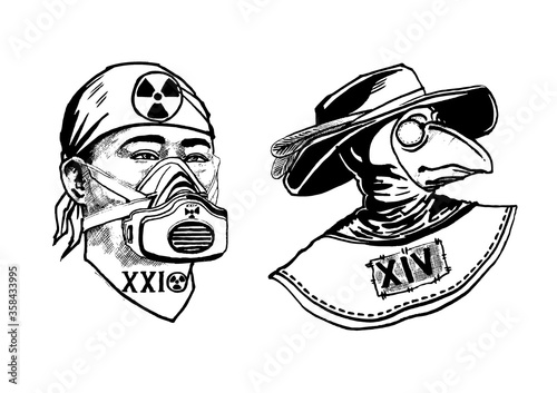Graphic sketch of a man in a respirator and a plague mask.