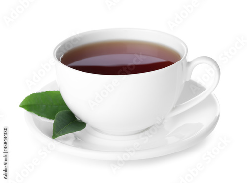 Fresh black tea and green leaves isolated on white