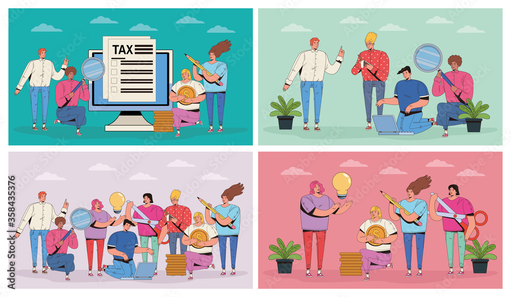 group of people with taxes and money icons