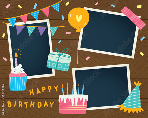 Birthday scrapbook with photo templates and cute sticker decorations