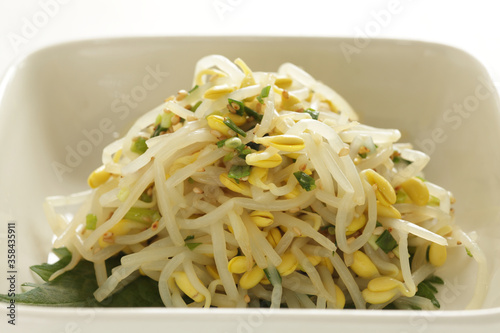 Korean food, boiled soy bean sprout and seasoning, green onion mixed Namul side dish