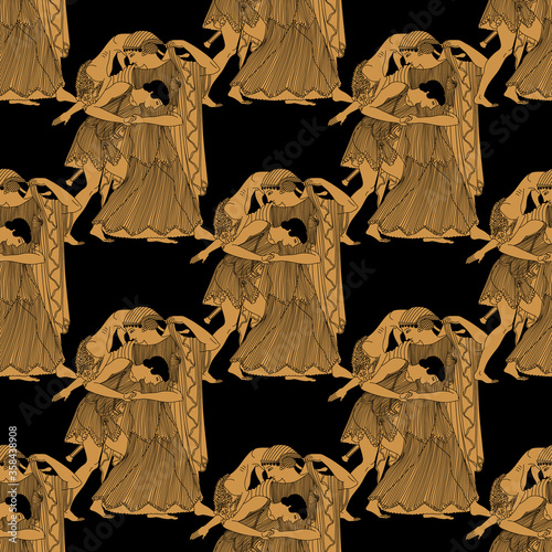 Seamless vintage pattern with ancient Greek mythological motifs. Peleus wrestling with goddess Thetis.	