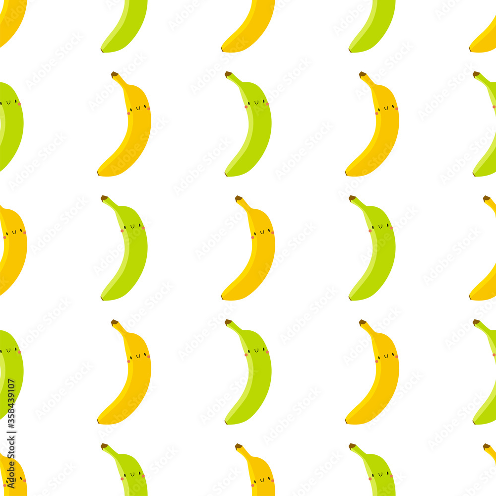 Kawaii Cartoon Banana. Seamless Vector Pattern