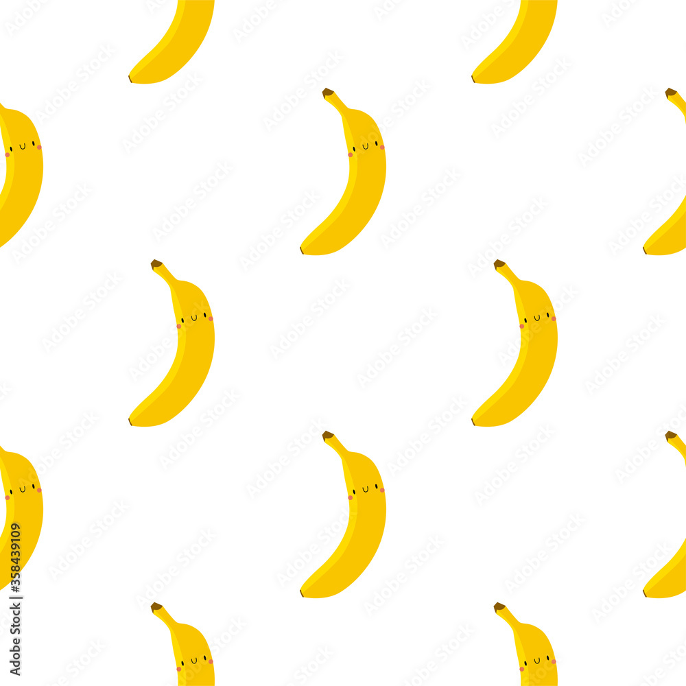 Kawaii Cartoon Banana. Seamless Vector Pattern