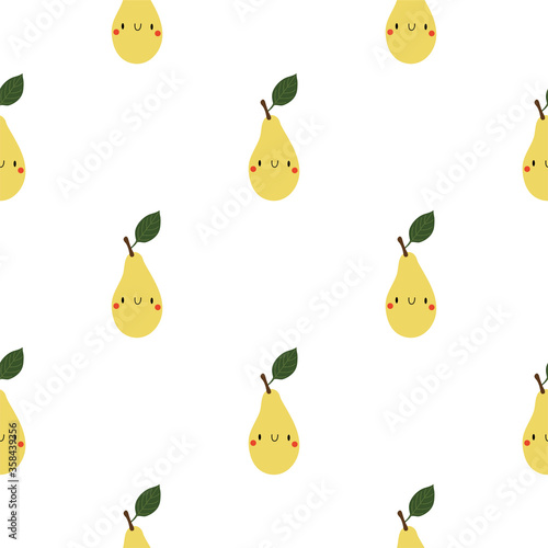 Kawaii Cartoon Pear. Seamless Vector Patterns