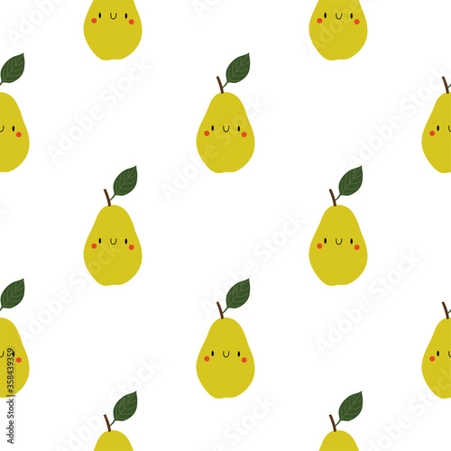 Kawaii Cartoon Pear. Seamless Vector Patterns