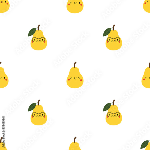 Kawaii Cartoon Pear. Seamless Vector Patterns
