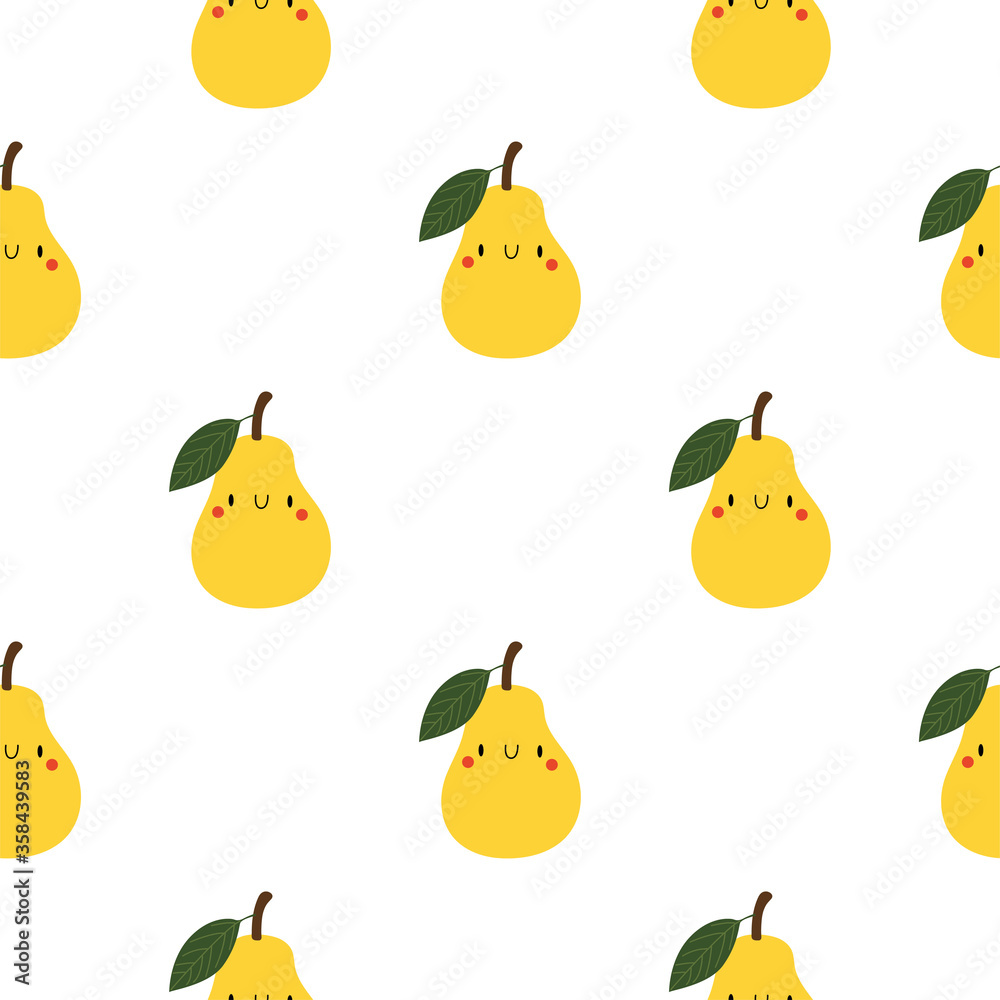 Kawaii Cartoon Pear. Seamless Vector Patterns