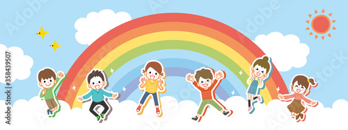 Children jumping cheerfully on the clouds