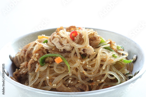 Korean food, homemade Japchae glass noodles and vegetable stir fried