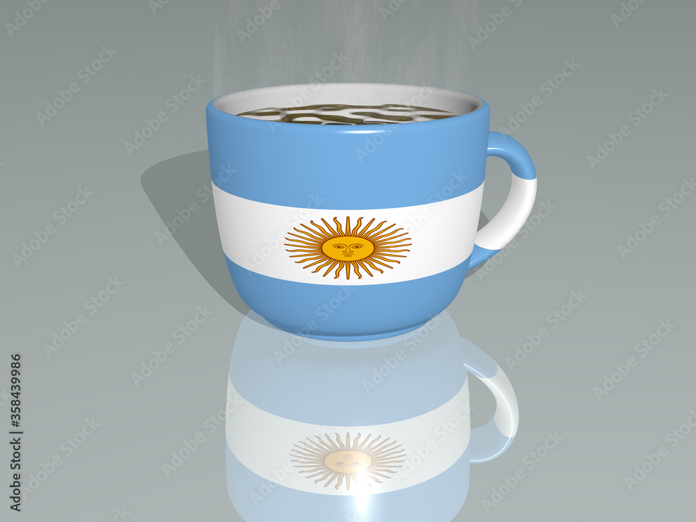 3D illustration of Argentina placed on a cup of hot coffee with a realistic perspective and shadows mirrored on the floor. holding and bathroom 3D illustration of Argentina placed on a cup of hot coffee with a realistic perspective and shadows mirrored on the floor. holding and bathroom