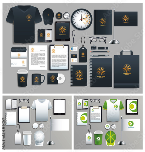 set of green and black elements with stationery templates