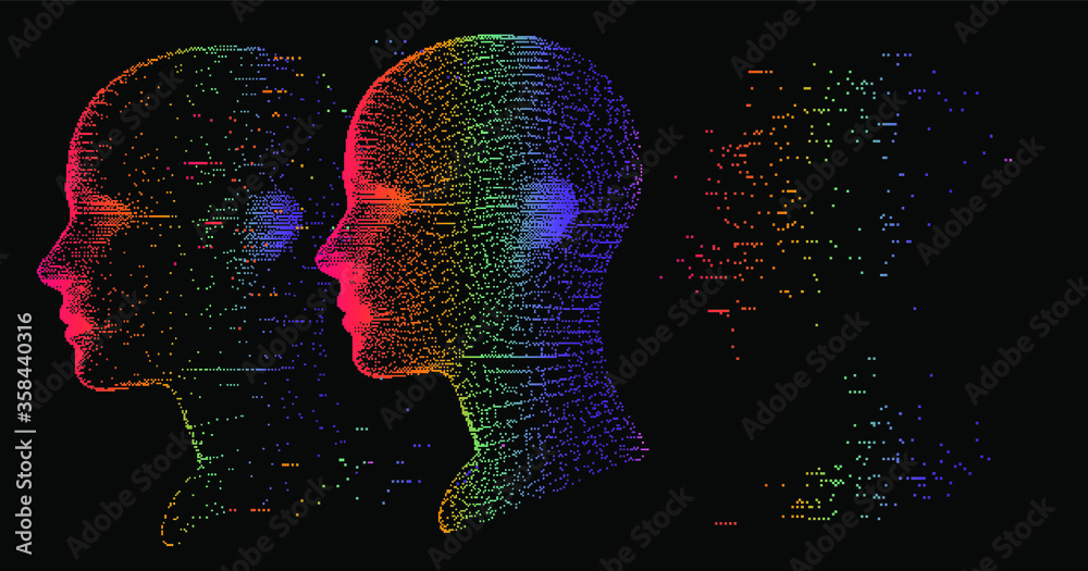 Artificial Intelligence and Virtual Reality concept. 3D human head made of pixels in neon holographic vivid colors on dark background. Vaporwave and Synthwave style illustration. Artificial Intelligence and Virtual Reality concept. 3D human head made of pixels in neon holographic vivid colors on dark background. Vaporwave and Synthwave style illustration.