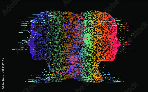 Artificial Intelligence and Virtual Reality concept. 3D human head made of pixels in neon holographic vivid colors on dark background. Vaporwave and Synthwave style illustration.