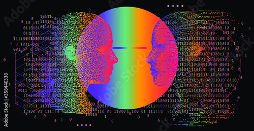 Artificial Intelligence and Virtual Reality concept. 3D human head made of pixels in neon holographic vivid colors on dark background. Vaporwave and Synthwave style illustration.