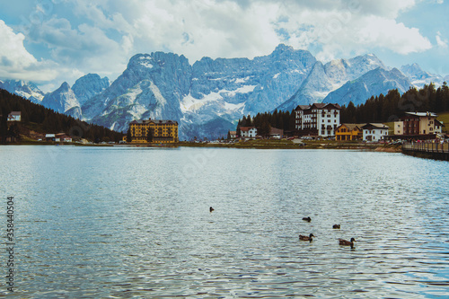 View of Misurina village, National Park Tre Cime di Lavaredo ,Lake Misurina, Dolomite, Italy