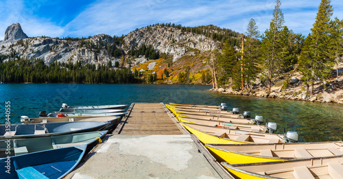 Small Fishing Boats on Lake George With Crystal Crag and Mammoth Crest in the Distance, Mammoth Lakes, California, USA photo