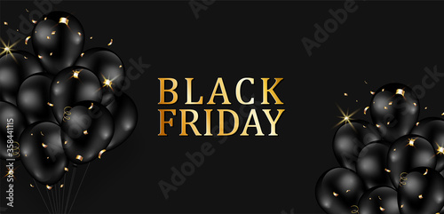 Black Friday sale decorated with shiny balloons, confetti design on black background. Vector illustration.