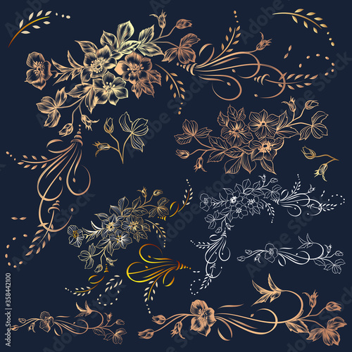 Big collection, set of vector golden flourishes and flowers in vintage elegan...