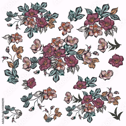 Collection of vector flowers in beautiful antique style for design