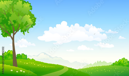 Green hills path and sky background