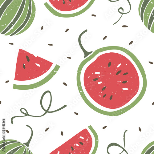 Fototapeta Naklejka Na Ścianę i Meble -  Cute watermelon seamless pattern. Ripe watermelon with stone seed and leaves on white background. Can be used for wallpaper, fabric, wrapping paper or decoration. Vector hand drawn illustration